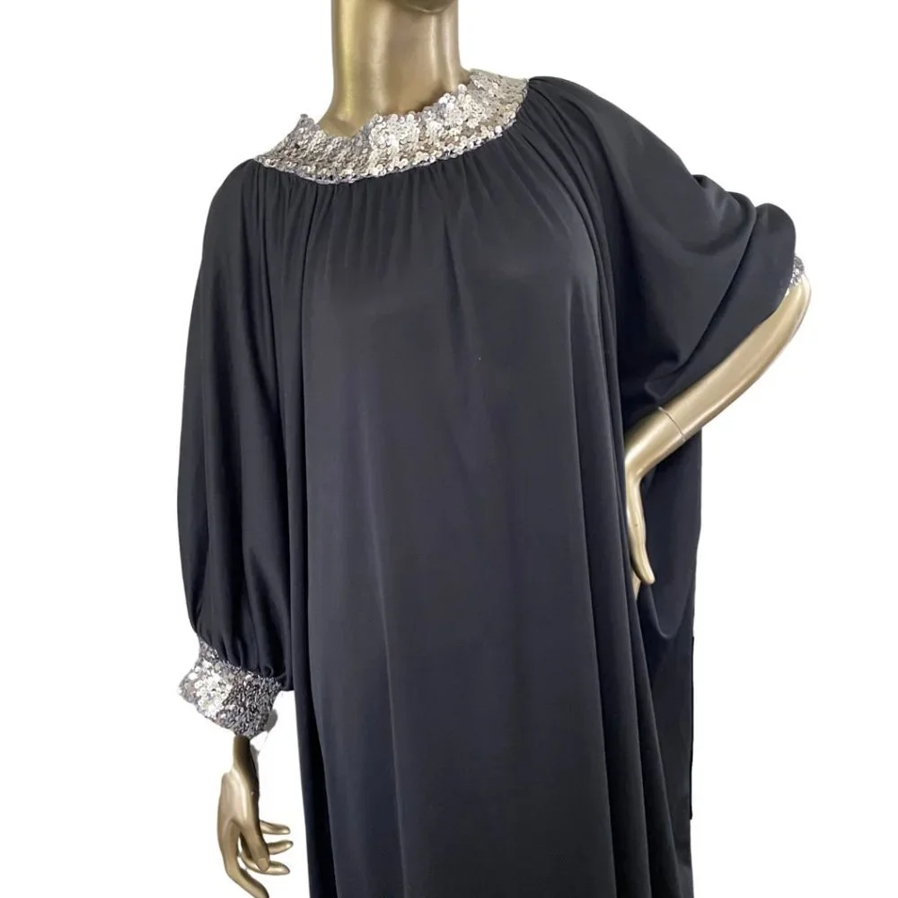 Vintage GLAM 70s Caftan Sequin Trimmed Maxi Dress 1970s Lounge Wear S-M-L - Picture 5 of 11